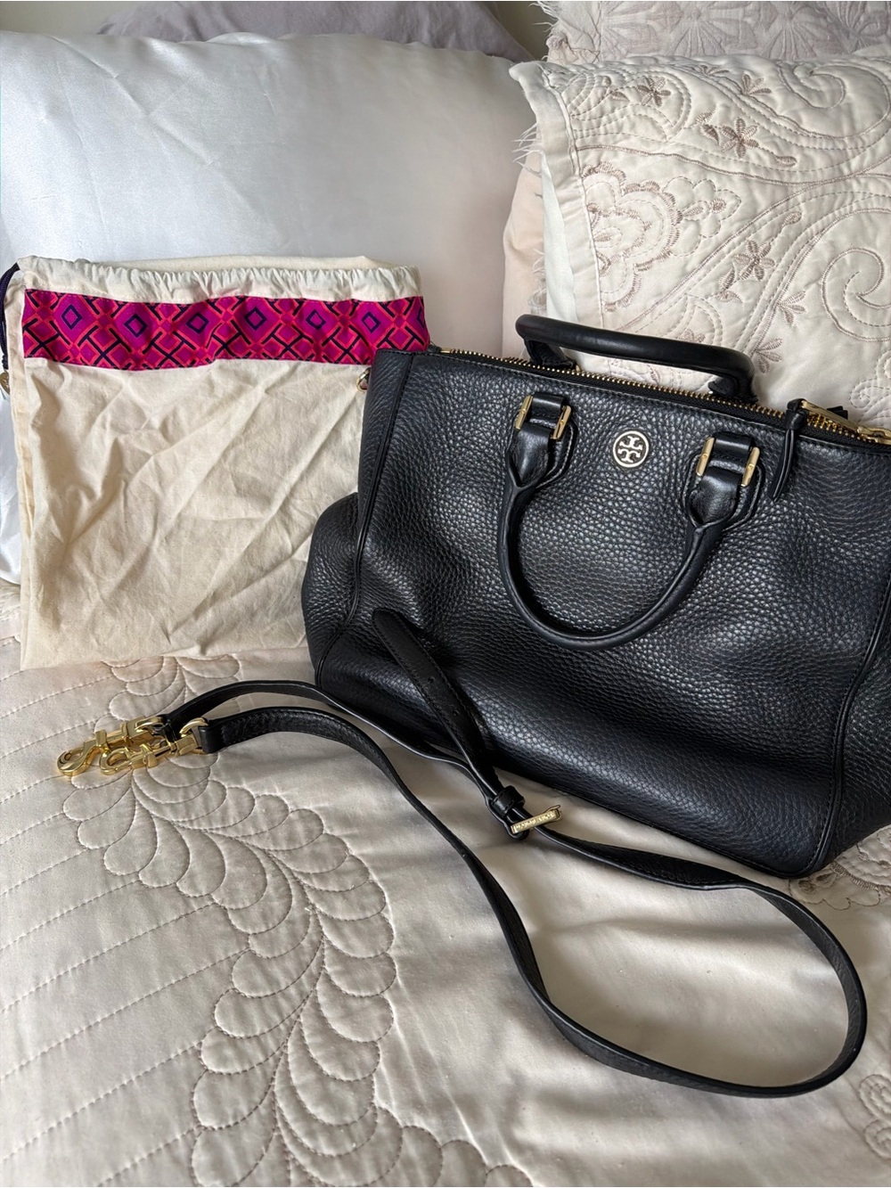 Tory Burch - Black Pebbled Leather Satchel with Gold Hardware